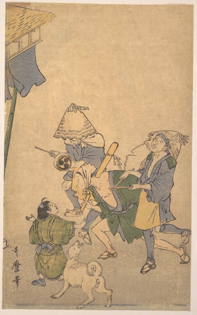 Drei Feiernde der unteren Klassen, mit Komuso-Hüten, mit kleinem Jungen und Hund von Kitagawa Utamaro