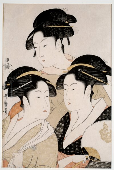 Drei Schönheiten unserer Zeit. Japanischer Druck von Utamaro Kitagawa im Ukiyo-E-Stil von Kitagawa Utamaro