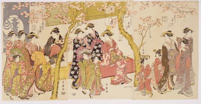 Drei Gruppen von Kurtisanen mit ihren Shinzo und Kamuro von Kitagawa Utamaro