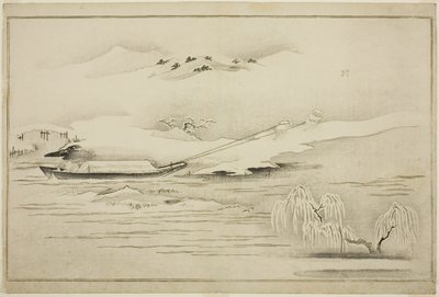 Ein Schleppkahn im Schnee, aus dem Album Die Silberne Welt von Kitagawa Utamaro