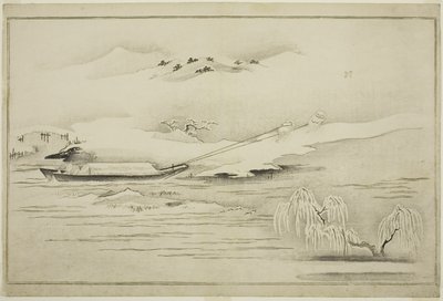 Schleppen eines Lastkahns im Schnee, aus dem Album Die Silberne Welt, 1790 von Kitagawa Utamaro