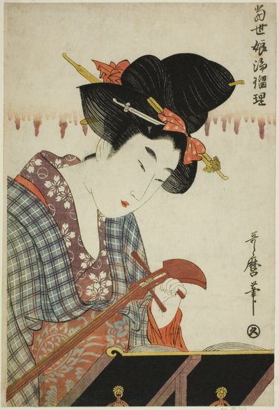 Ein Shamisen stimmen, aus der Serie Gesänge zum Shamisen von jungen Frauen von heute von Kitagawa Utamaro