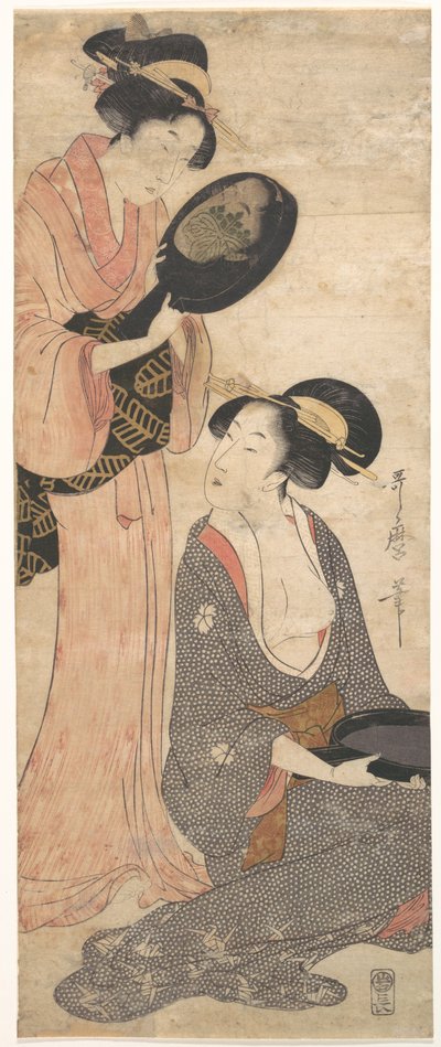 Zwei Damen, jede mit einem Teil eines lackierten Spiegels von Kitagawa Utamaro