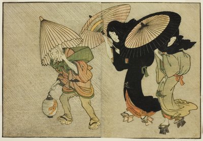 Zwei Frauen und Begleiter im Sturm, aus dem illustrierten Buch "Bilderbuch: Blumen der vier Jahreszeiten (Ehon shiki no hana)," Bd. 2 von Kitagawa Utamaro