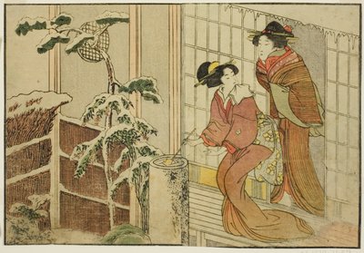 Zwei Frauen auf der Veranda an einem verschneiten Morgen, aus dem illustrierten Buch "Bilderbuch: Blumen der vier Jahreszeiten (Ehon shiki no hana)," Bd. 2 von Kitagawa Utamaro