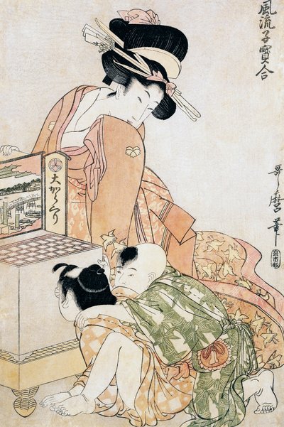 Zwei Kinder schauen in eine große optische Box von Kitagawa Utamaro