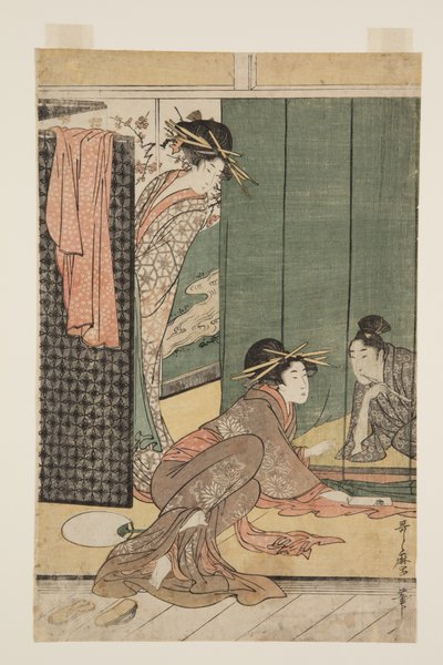 Zwei Kurtisanen und ein junger Mann unter einem Moskitonetz von Kitagawa Utamaro