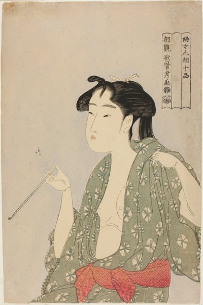Frau, die Rauch aus einer Pfeife ausatmet, aus der Serie "Zehn Klassen der Physiognomie von Frauen (Fujo ninso juppon)" von Kitagawa Utamaro