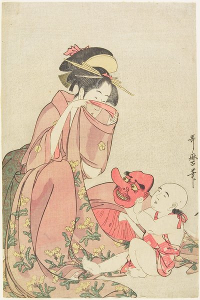 Frau spielt mit einem Kind mit einer Tengu-Maske von Kitagawa Utamaro