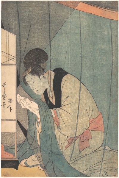 Frau liest einen Brief unter einem Moskitonetz von Kitagawa Utamaro