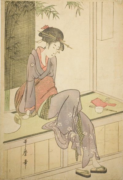 Frau, die auf der Veranda sitzt von Kitagawa Utamaro