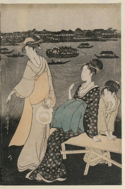 Frauen genießen die Abendkühle in der Nähe der Ryogoku-Brücke von Kitagawa Utamaro