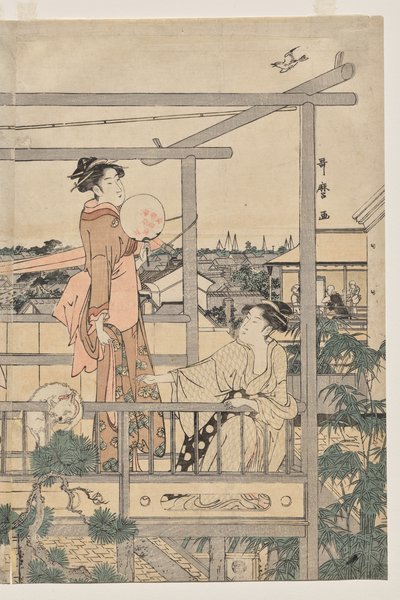 Frauen, die Wäsche auf einem Balkon zum Trocknen aufhängen von Kitagawa Utamaro