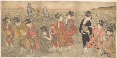 Frauen, die die aufgehende Sonne zwischen den Zwillingsfelsen von Ise verehren von Kitagawa Utamaro