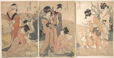 Frauen und Kinder am Ufer eines Baches von Kitagawa Utamaro