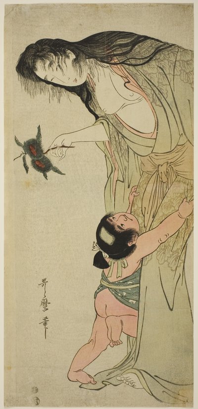Yamauba hält Kastanien, während Kintaro danach greift, ca. 1804-5 von Kitagawa Utamaro