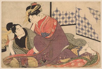 Junger Mann raucht mit einer Kurtisane von Kitagawa Utamaro