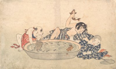 Jungen spielen mit einem Becken voller Fische und Schildkröten, frühes 19. Jahrhundert von Kitao Shigemasa