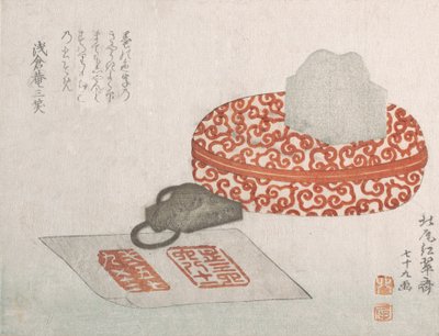 Siegel und ein geschnitzter Lackbehälter für Siegeltinte, 1817 von Kitao Shigemasa