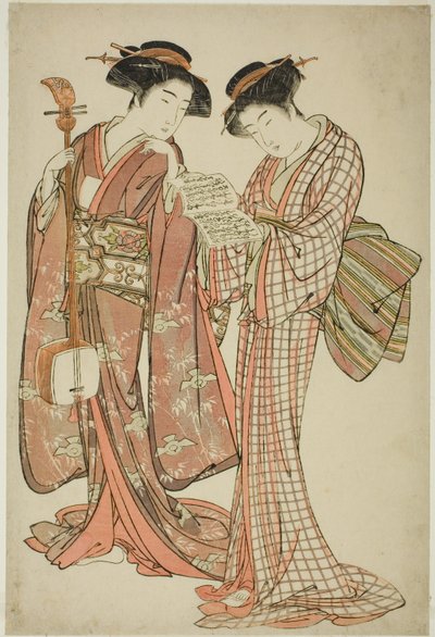 Zwei Geishas, die ein Shamisen und ein Liederbuch halten von Kitao Shigemasa
