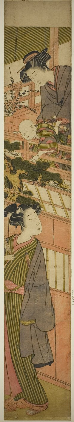 Frauen halten Jungen, der sich zu einem jungen Mann unten ausstreckt von Kitao Shigemasa