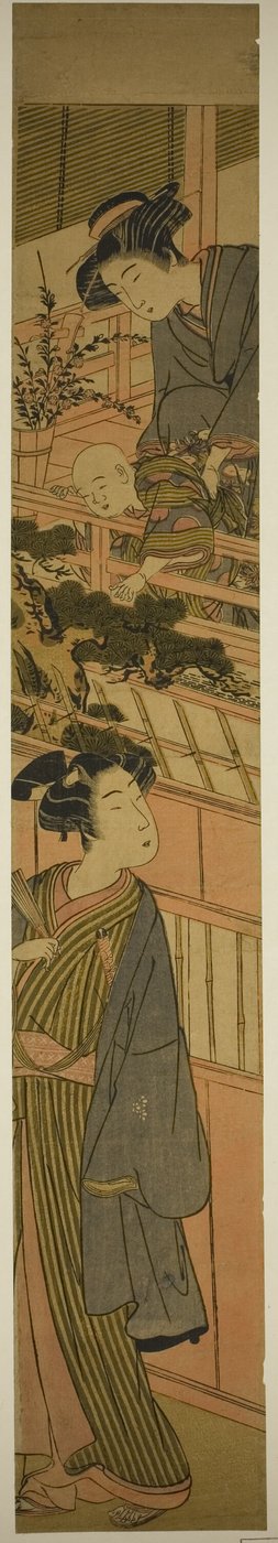 Frauen halten einen Jungen, der sich zu einem jungen Mann unten ausstreckt von Kitao Shigemasa