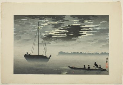 Mondschein durch die Wolken vor der Haneda-Küste von Kiyochika Kobayashi