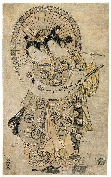 Liebende stehen im Schnee und halten ein Blatt Papier, auf dem ein Gedicht geschrieben ist von Kiyohiro Torii
