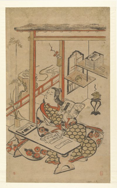 Frau am Tisch, lesend in der Erzählung von Genji von Kiyomasu (I) , Torii (attributed to)
