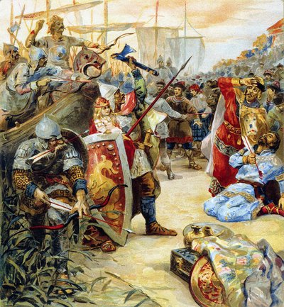 Der Tod von Askold und Dir, Herren von Kiew im Jahr 882, als die Stadt von Oleg dem Weisen eingenommen wurde von Klavdiy Vasilievich Lebedev