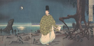 Hofbeamter der Heian-Zeit an einem mondbeschienenen Strand, 19. Jahrhundert von Kobayashi Kiyochika