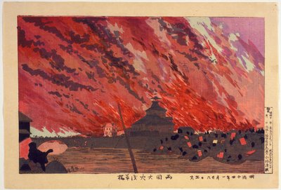Das große Feuer an der Ryōgoku-Brücke, gesehen von der Asakusa-Brücke am 26. Januar 1881 von Kobayashi Kiyochika