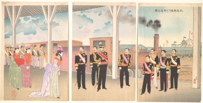 Triumphale Ankunft des Kaisers am Bahnhof Shinbashi von Kobayashi Kiyochika