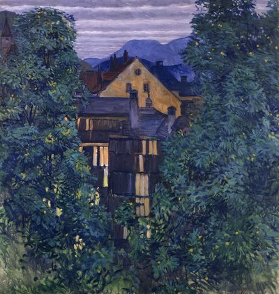 Durchblick durch Payerbach, im Hintergrund die Rax, ca. 1912-1913 von Koloman Moser