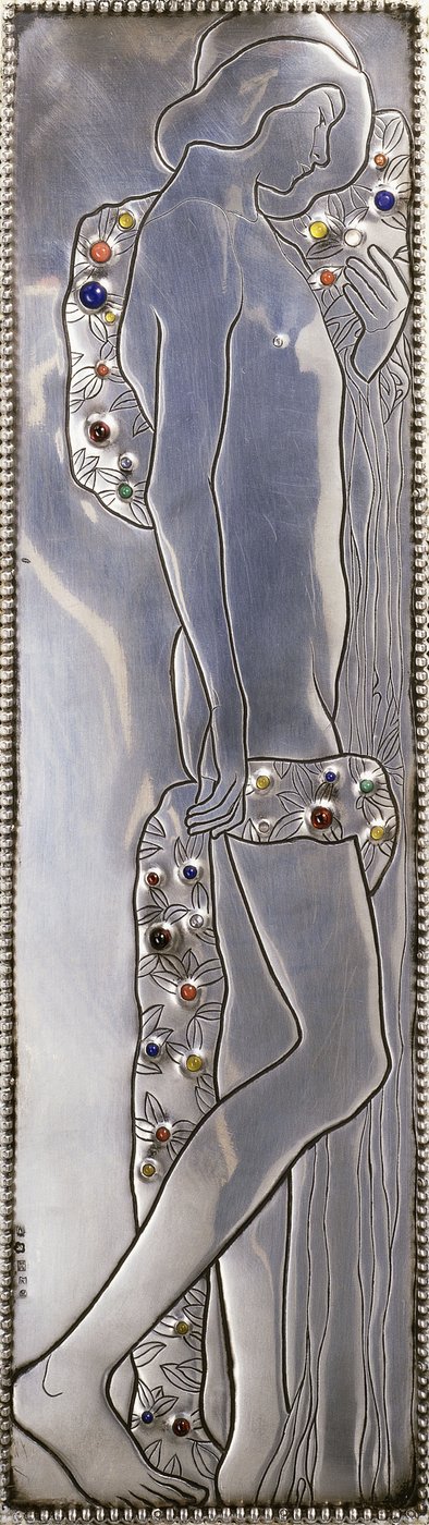 Eingesetztes Paneel eines weiß gestrichenen Einzelbetts der Wiener Werkstätte, das eine nackte androgynous Figur darstellt (Detail), ca. 1904 von Koloman Moser