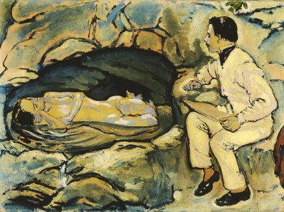 Selbstporträt, Zeichnung mit Meerjungfrau in der Felsengrotte, 1914 von Koloman Moser