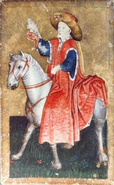 Ein berittener Falkner, eine von einem Kartenspiel darstellenden Szenen des höfischen Falknens, Oberrhein-Gebiet, ca. 1440-45 von Konrad Witz