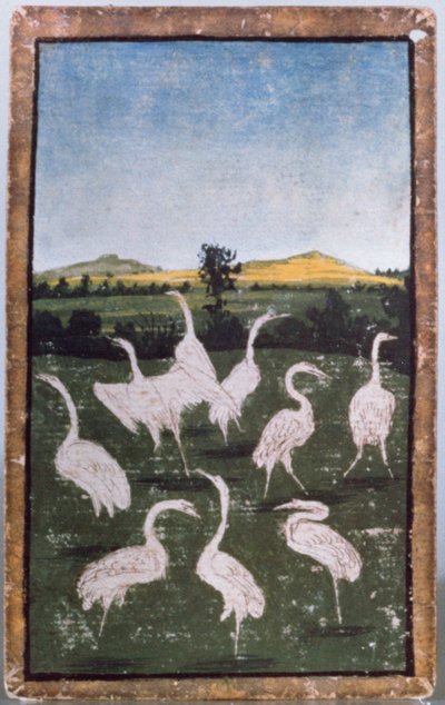 Reiher auf einem Feld, eines von einem Satz Spielkarten, die Szenen des höfischen Falkenflugs darstellen, Oberrhein-Gebiet, ca. 1440-45 von Konrad Witz