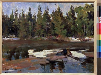 Frühling. Landschaft, Ufer eines Flusses im Wald von Konstantin Alekseevich Korovin