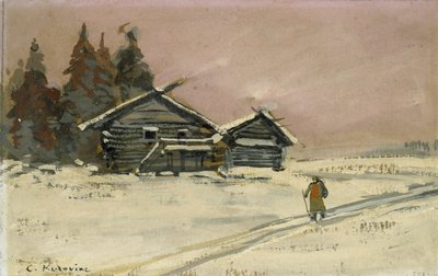 Winterlandschaft mit zwei Holzhütten von Konstantin Alekseevich Korovin