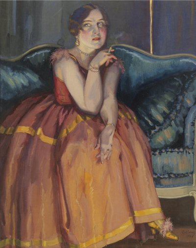 Frau raucht eine Zigarette auf einem Sofa von Konstantin Andreevic Somov