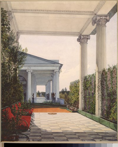 Ansicht der Kolonnade vom Zimmer der Kaiserin Maria Alexandrowna im Großen Palast von Zarskoje Selo von Konstantin Andreyevich Ukhtomsky
