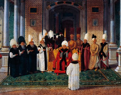 Selim III. (1761-1808) empfängt Würdenträger unter dem Baldachin des Tores des Glücks im Topkapi, Detail aus der Zeremonie zur Thronbesteigung von Sultan Suleyman III., ca. 1789 (Öl auf Leinwand) von Konstantin Kapidagli