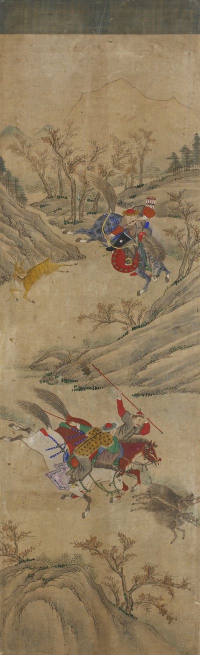 Jagdszene (3 Reiter und 2 Wildschweine) von Korean School