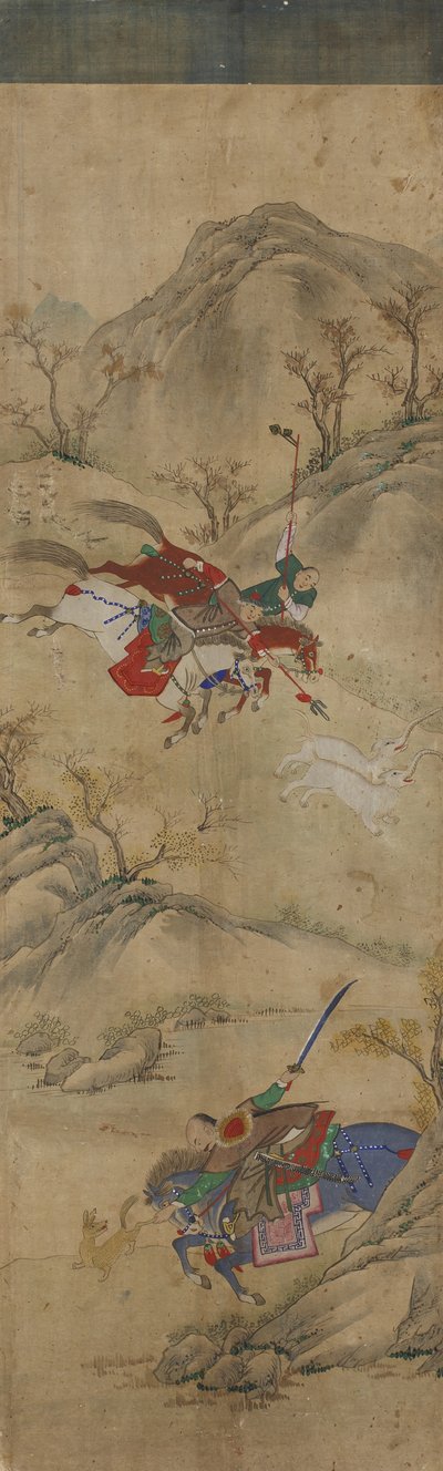Jagdszene (3 Reiter mit Kaninchen und mythischen Tieren) von Korean School