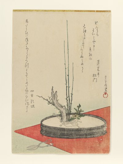 Anordnung von Pflaume, Fukujusō (Adonisblume) und Schere von Kubo Shunman