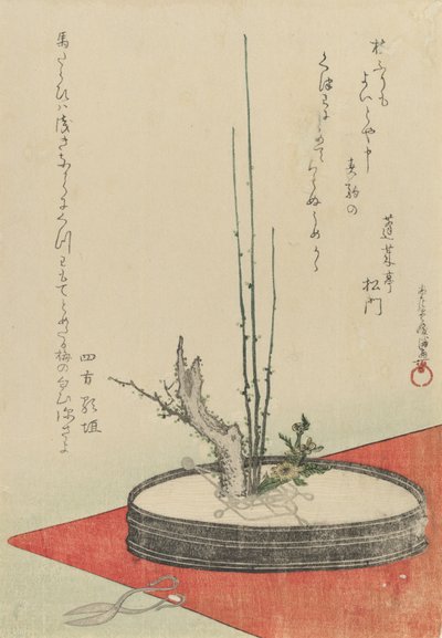 Anordnung von Pflaume, Fukujuso Adonis Blume und Schere, 1798 von Kubo Shunman
