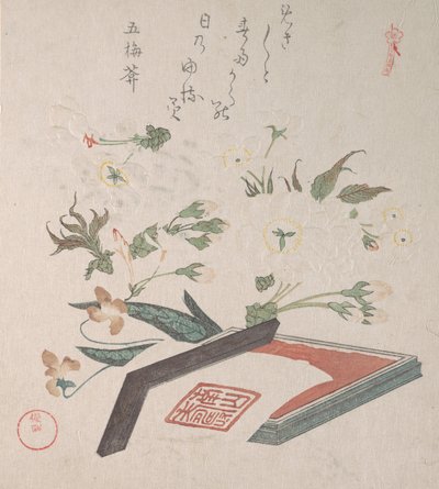Kirschblüten und Siegelkasten mit Tinte und Lineal, 19. Jahrhundert von Kubo Shunman