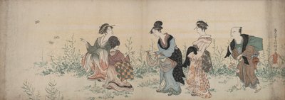 Vier Mädchen und ein Diener genießen Wildblumen und Schmetterlinge von Kubo Shunman
