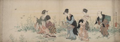 Vier Mädchen und ein Diener genießen Wildblumen und Schmetterlinge von Kubo Shunman